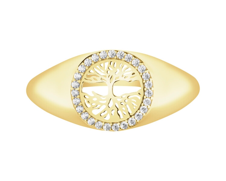 Złoty pierścionek z cyrkoniami - sygnet - drzewko