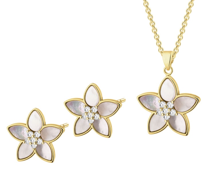 Kolczyki i naszyjnik z mosiądzu pozłacane z cyrkoniami i masą perłową - komplet - kwiaty