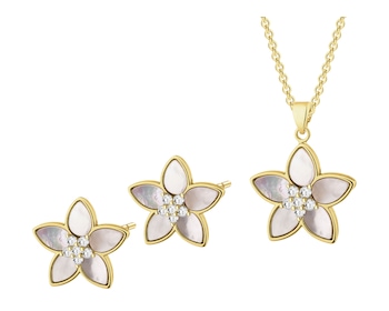 Náušnice a náhrdelník z pozlacené mosazi se zirkony a perletí – souprava – květiny