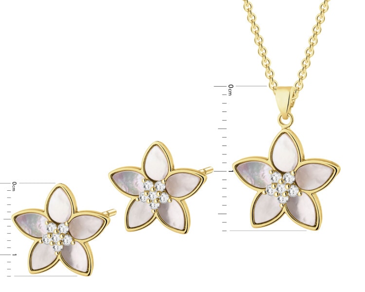 Kolczyki i naszyjnik z mosiądzu pozłacane z cyrkoniami i masą perłową - komplet - kwiaty
