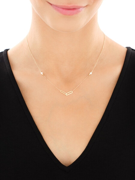 Zlatý náhrdelník s perlami a zirkonem - paper clip