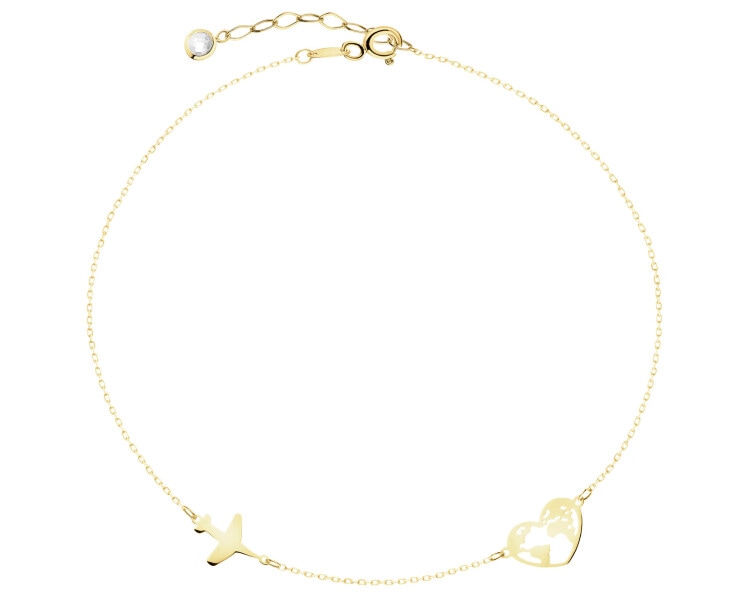 Złota bransoletka z cyrkonią - samolot, serce, mapa świata