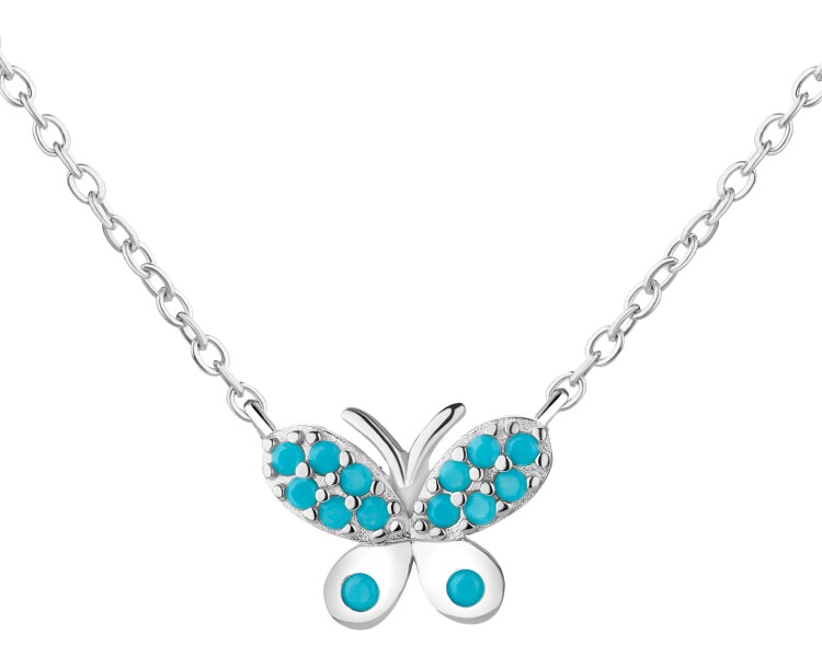 Naszyjnik srebrny z turkusami syntetycznymi - motyl