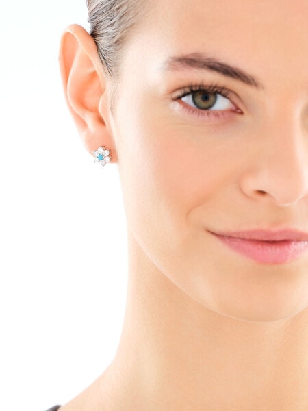 Kolczyki srebrne z cyrkoniami i turkusami syntetycznymi - kwiaty