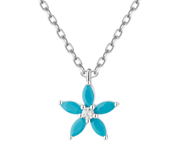 Naszyjnik srebrny z cyrkonią  i turkusami syntetycznymi – kwiat