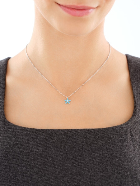 Naszyjnik srebrny z cyrkonią  i turkusami syntetycznymi – kwiat