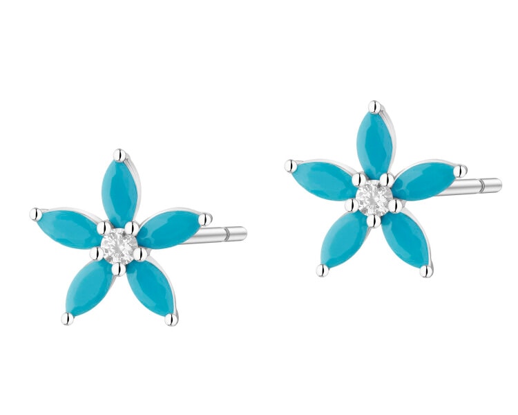 Kolczyki srebrne z cyrkoniami i turkusami syntetycznymi – kwiaty