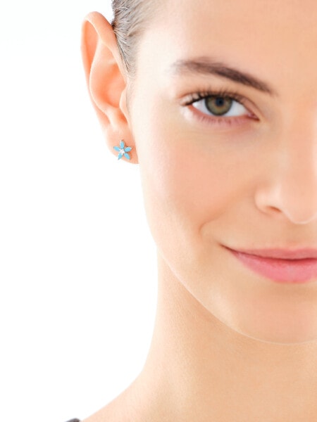 Kolczyki srebrne z cyrkoniami i turkusami syntetycznymi – kwiaty