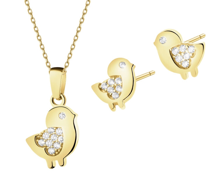 Złote kolczyki i zawieszka z cyrkoniami - komplet - ptaki