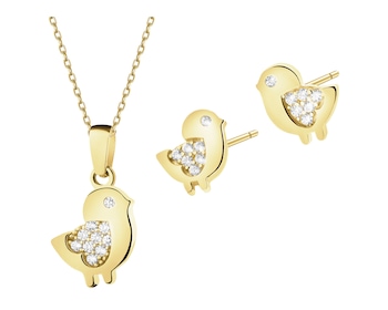 Złote kolczyki i zawieszka z cyrkoniami - komplet - ptaki