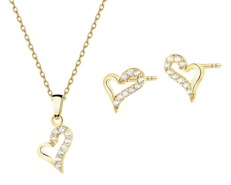 Złote kolczyki i zawieszka z cyrkoniami - komplet - serca