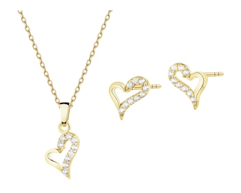 Złote kolczyki i zawieszka z cyrkoniami - komplet - serca