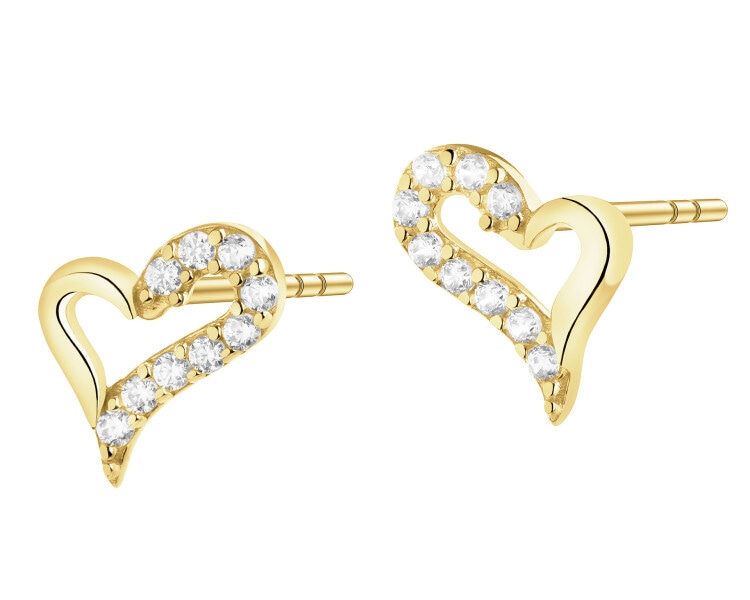 Złote kolczyki i zawieszka z cyrkoniami - komplet - serca
