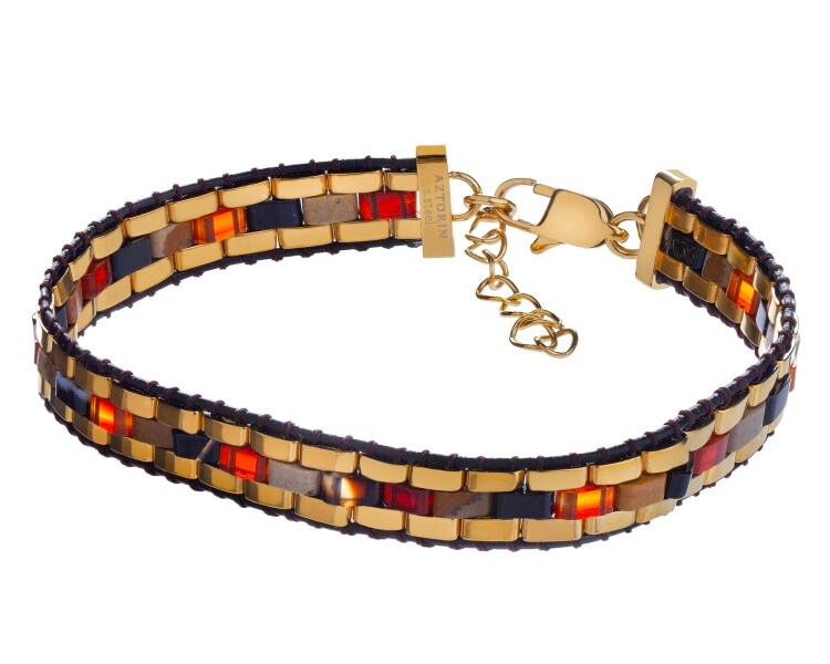 Bransoletka ze stali szlachetnej z kamieniami jubilerskimi i skórą