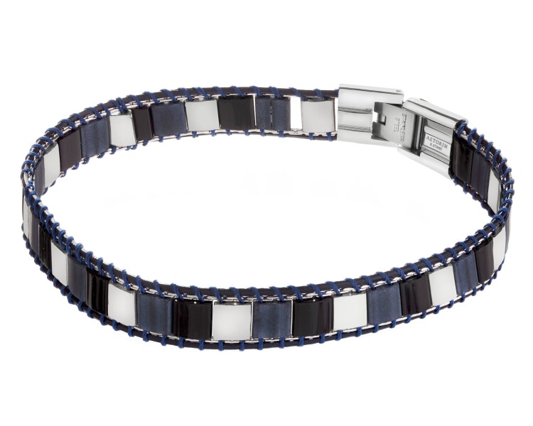 Bransoletka ze stali szlachetnej i skóry ze szklanymi detalami