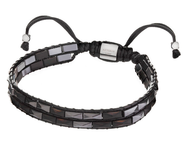 Bransoletka ze stali szlachetnej i skóry z hematytami