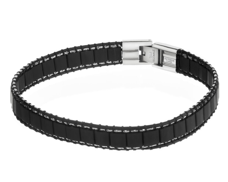 Bransoletka ze stali szlachetnej i skóry ze szklanymi detalami