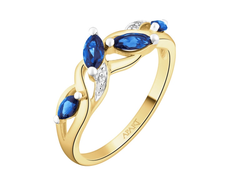 Pierścionek z żółtego złota z diamentami i szafirami syntetycznymi - próba 375