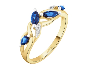 Pierścionek z żółtego złota z diamentami i szafirami syntetycznymi - próba 375