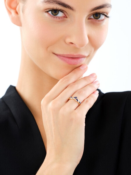 Pierścionek z żółtego złota z diamentami i szafirami syntetycznymi - próba 375