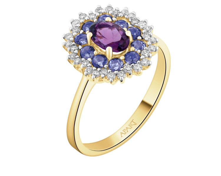 Pierścionek z żółtego złota z brylantami i kamieniami ozdobnymi - próba 585