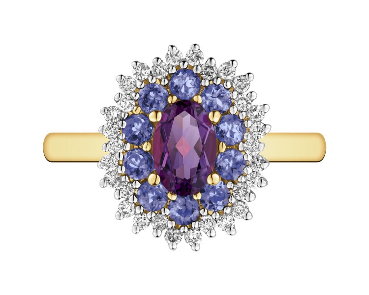 Pierścionek z żółtego złota z brylantami i kamieniami ozdobnymi - próba 585