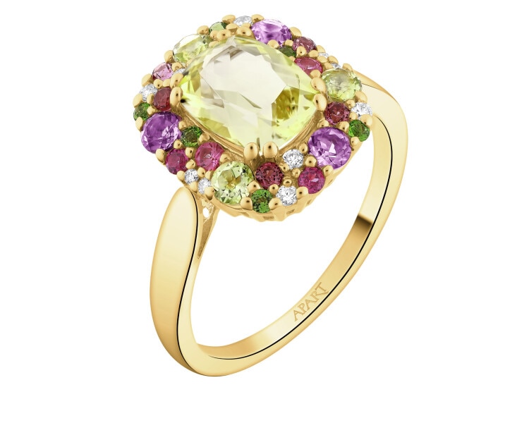 Pierścionek z żółtego złota z brylantami, kamieniami ozdobnymi i szlachetnymi - próba 585