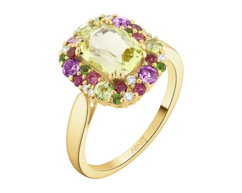 Zlatý prsten s brilianty, ozdobnými kameny a drahokamy - ryzost 585