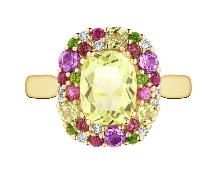 Pierścionek z żółtego złota z brylantami, kamieniami ozdobnymi i szlachetnymi - próba 585