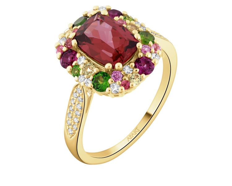 Pierścionek z żółtego złota z brylantami, kamieniami ozdobnymi i szlachetnymi - próba 585