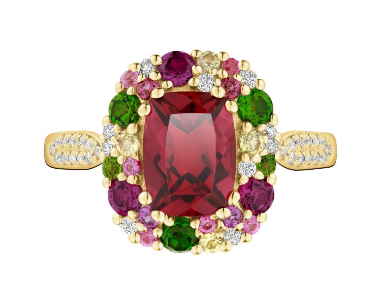 Pierścionek z żółtego złota z brylantami, kamieniami ozdobnymi i szlachetnymi - próba 585