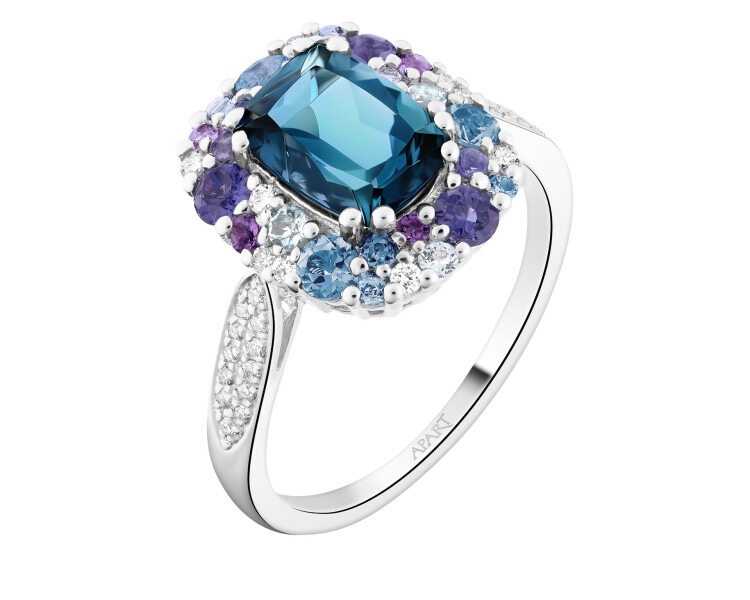 Pierścionek z białego złota z brylantami i kamieniami ozdobnymi - próba 585