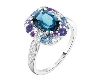 Prsten z bílého zlata s brilianty a ozdobnými kameny - ryzost 585