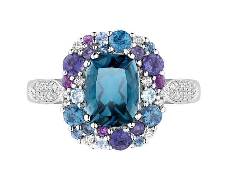 Pierścionek z białego złota z brylantami i kamieniami ozdobnymi - próba 585