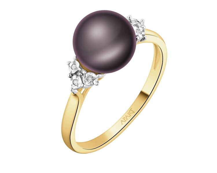 Pierścionek z żółtego złota z diamentami i perłą - próba 585