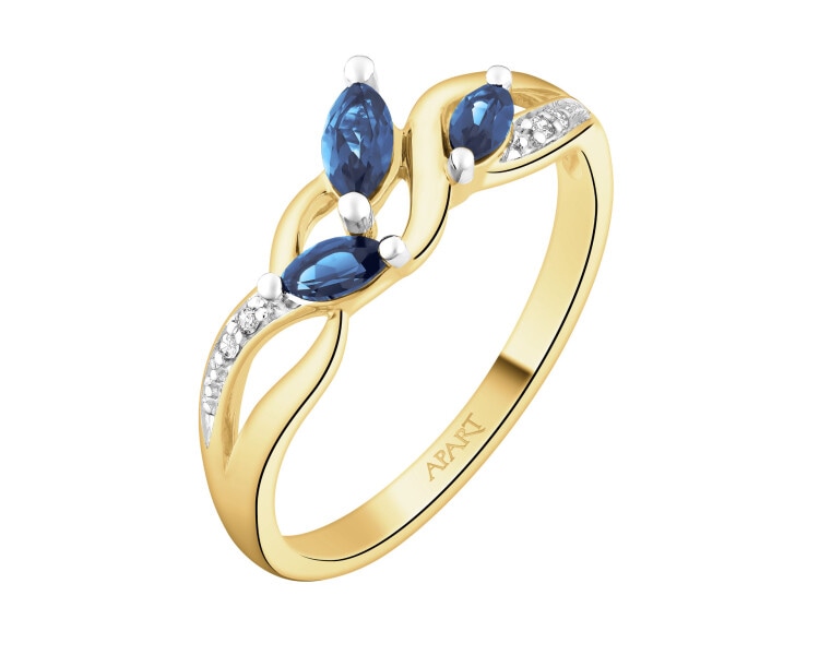 Pierścionek z żółtego złota z diamentami i szafirami syntetycznymi - próba 375