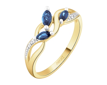 Pierścionek z żółtego złota z diamentami i szafirami syntetycznymi - próba 375