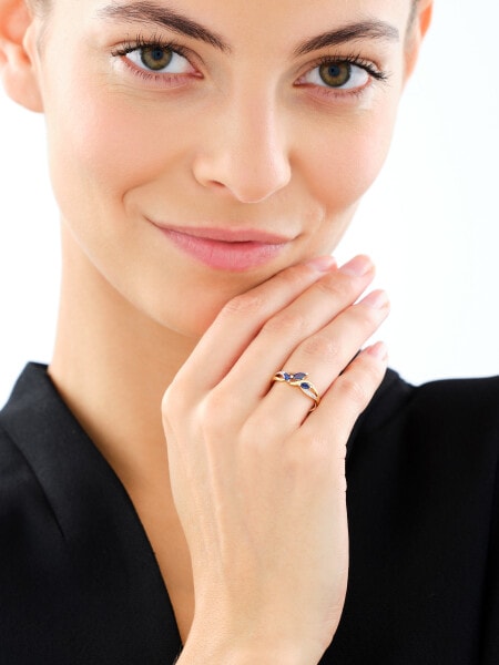 Pierścionek z żółtego złota z diamentami i szafirami syntetycznymi - próba 375