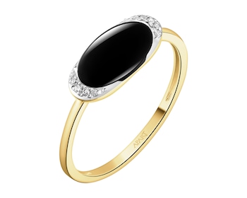 Prsten ze žlutého zlata s diamanty a onyxem - ryzost 585