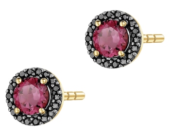 Zlaté náušnice s černými brilianty a rodolity - ryzost 585