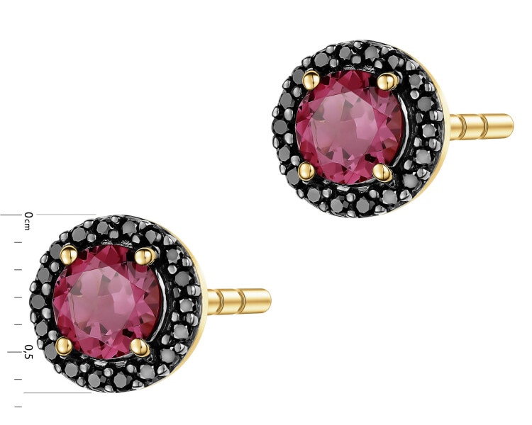 Kolczyki z żółtego złota z czarnymi brylantami i rodolitami - próba 585