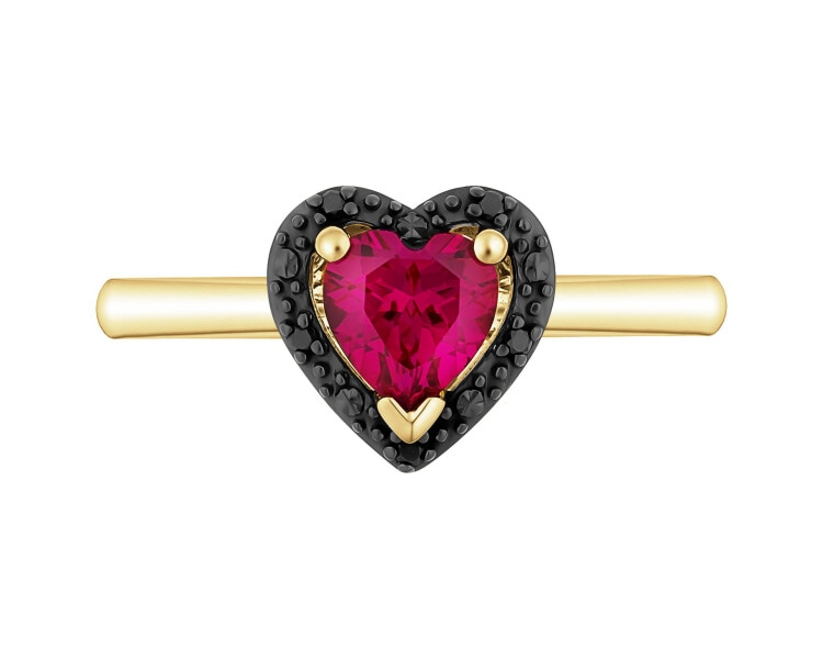 Pierścionek z żółtego złota z czarnymi diamentami i rubinem syntetycznym - serce - próba 375