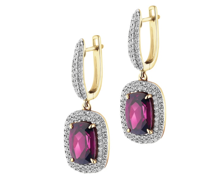 Kolczyki z żółtego złota z brylantami i rodolitami - próba 585