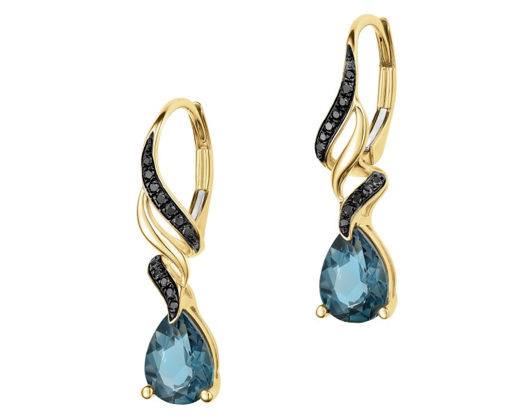 Kolczyki z żółtego złota z czarnymi brylantami i topazami London Blue - próba 585