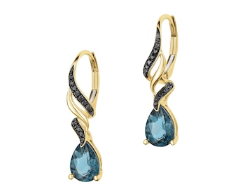 Zlaté náušnice s černými brilianty a topazy London Blue - ryzost 585