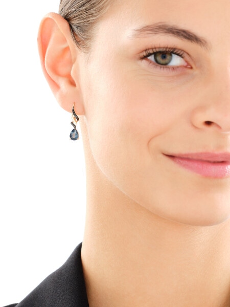 Kolczyki z żółtego złota z czarnymi brylantami i topazami London Blue - próba 585