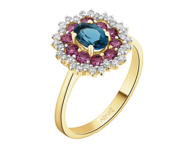 Pierścionek z żółtego złota z brylantami i kamieniami ozdobnymi - próba 585