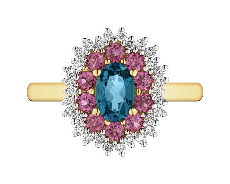 Pierścionek z żółtego złota z brylantami i kamieniami ozdobnymi - próba 585