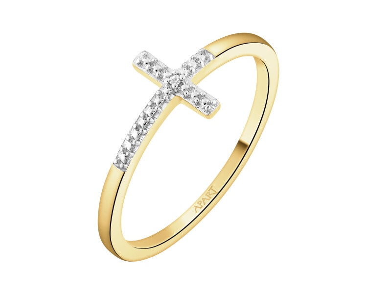 Pierścionek z żółtego złota z diamentem - krzyż - 0,003 ct - próba 375