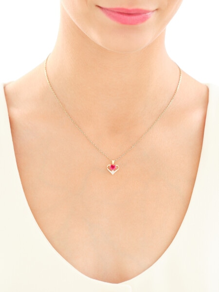 Zawieszka z żółtego złota z diamentem i rubinem syntetycznym - serce - próba 375